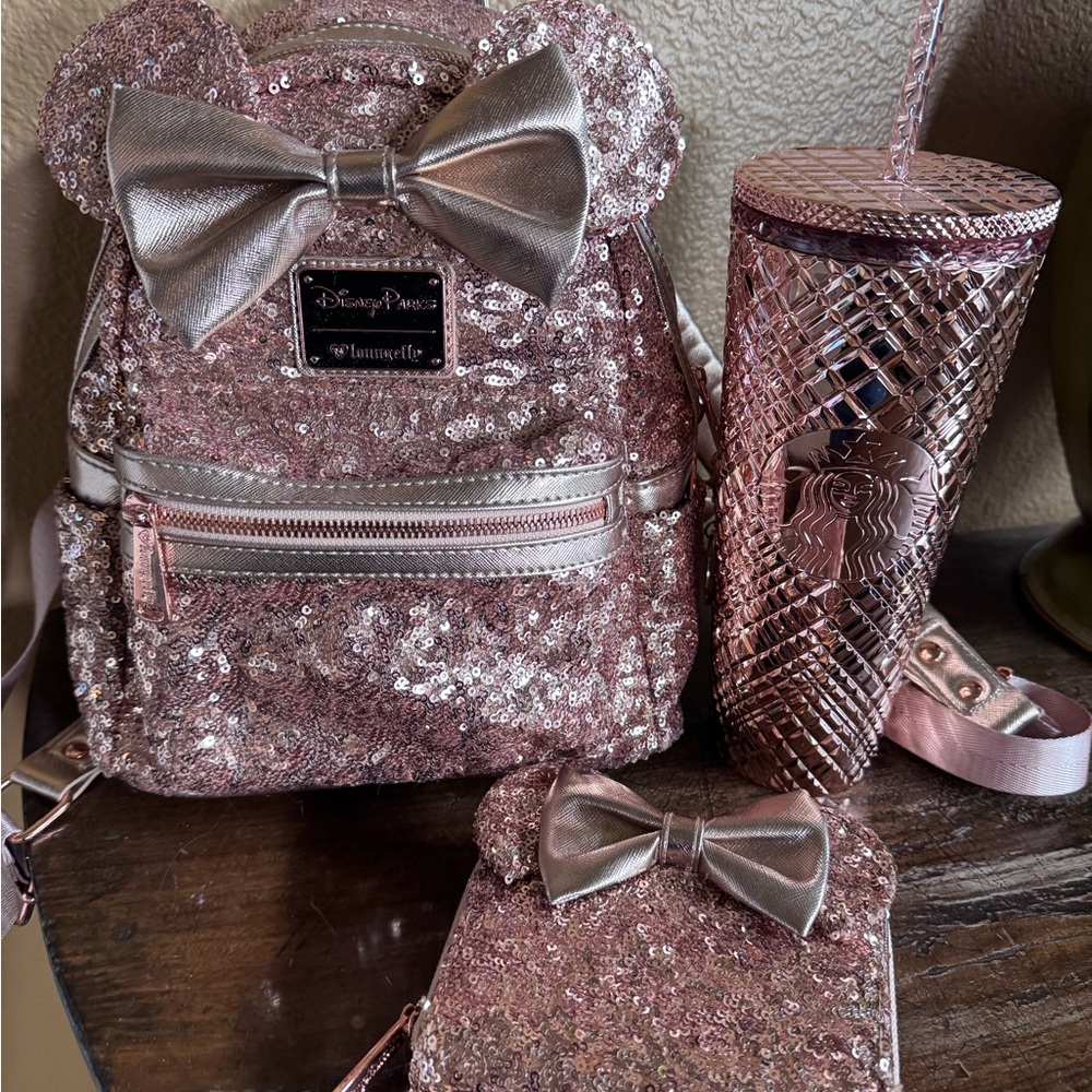 Rose Gold Disney Parks Loungefly Backpack, Wallet & matching Starbucks Tumbler